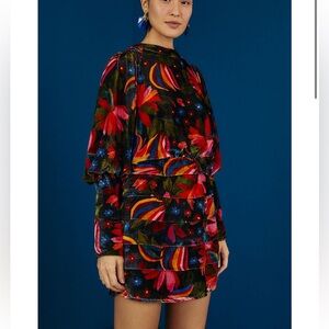 Farm Rio Black Banana Sky Velvet Floral Mini Dress Sz S